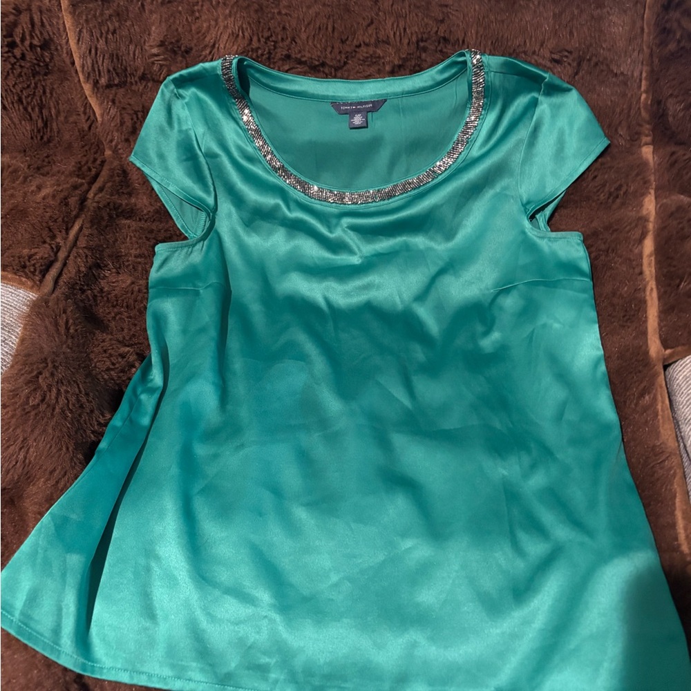 Tommy Hilfiger Green Embellished Cap Sleeve Blouse